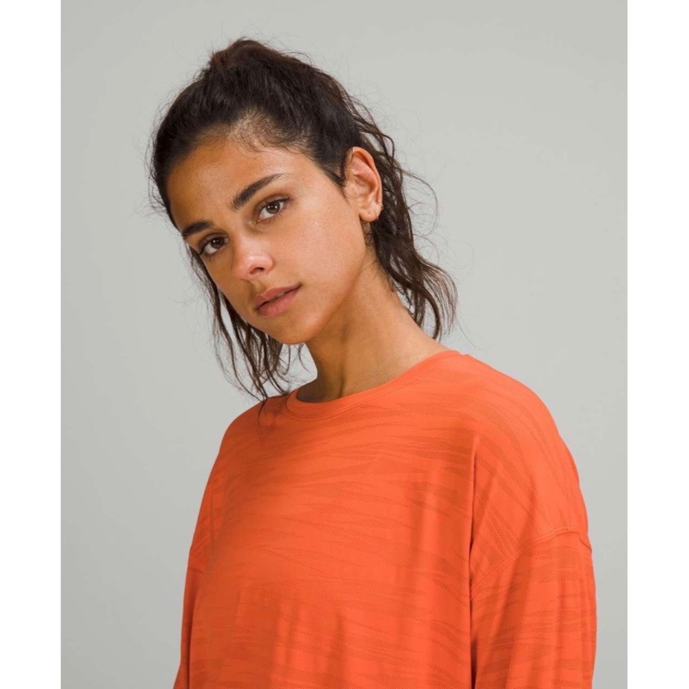 Lululemon Muscle Love Long Sleeve Shirt Womens Tiger Mesh Warm Coral Crop M 6/8 - Picture 2 of 8